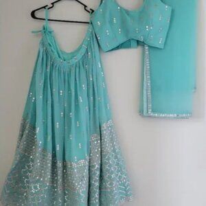 Teal Blue Sequin Zari Embroidery Work Lehenga Choli